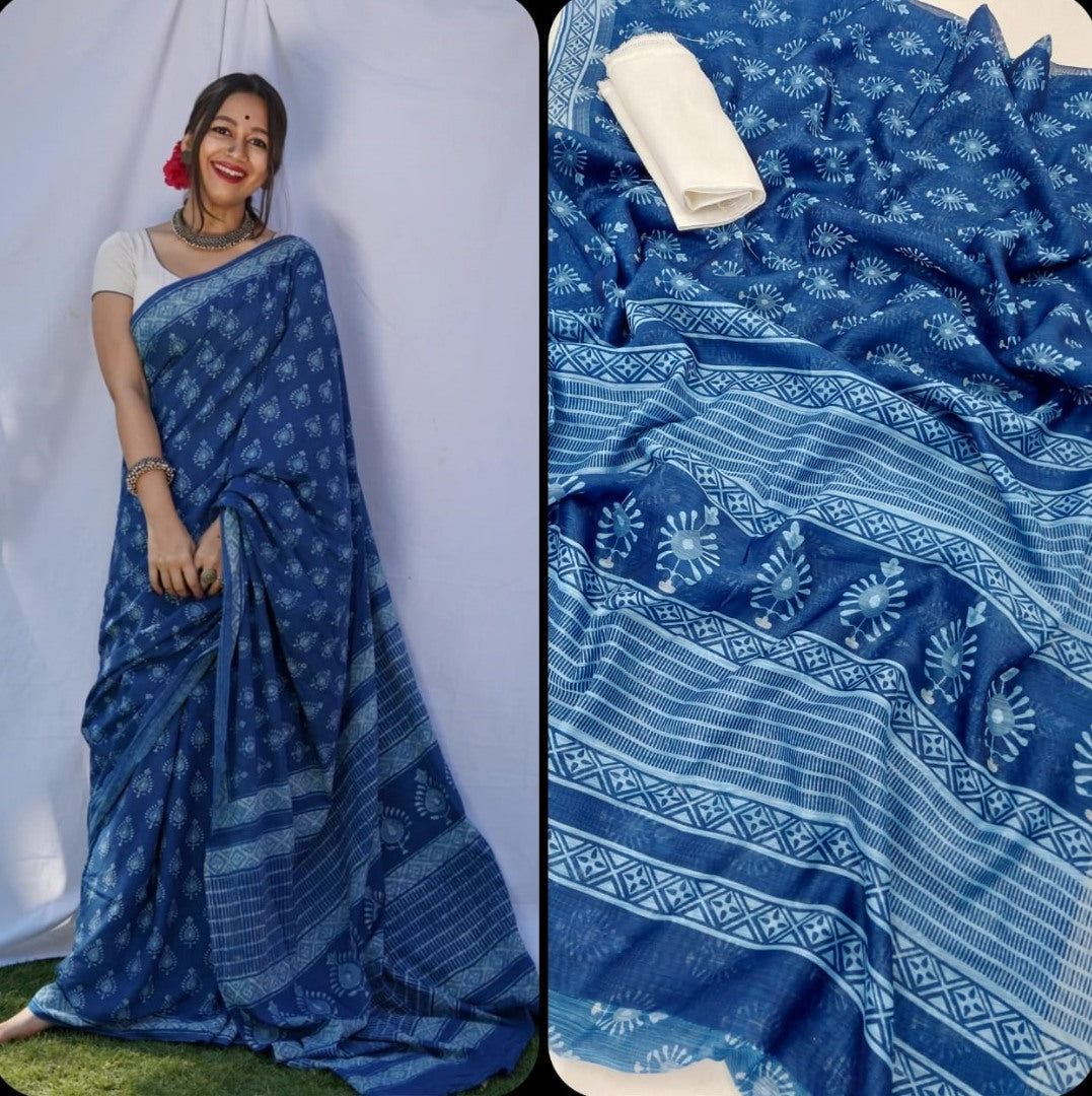 Blue soft linen digital printed zari border work sare