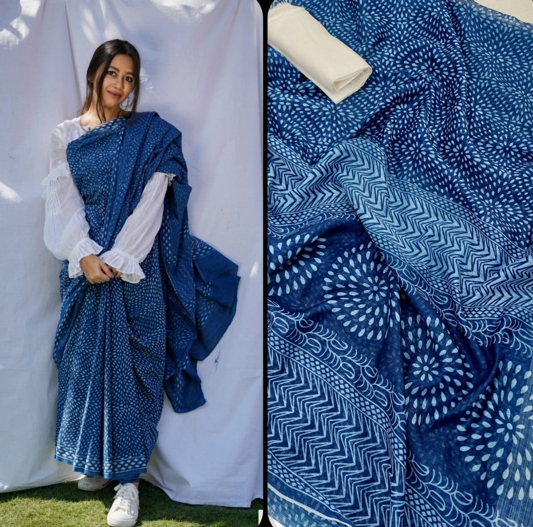 Blue soft linen digital printed zari border work sare