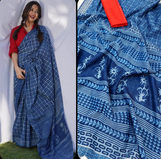 Blue soft linen digital printed zari border work sare