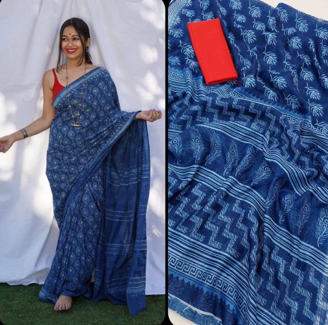 Blue soft linen digital printed zari border work sare