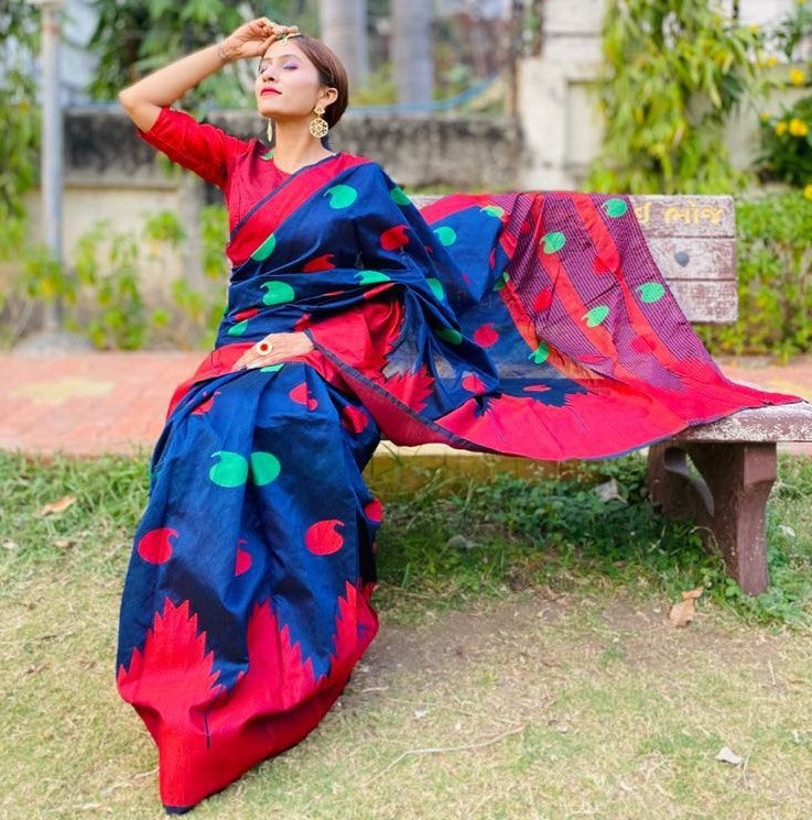 Blue soft silk digital printed saree