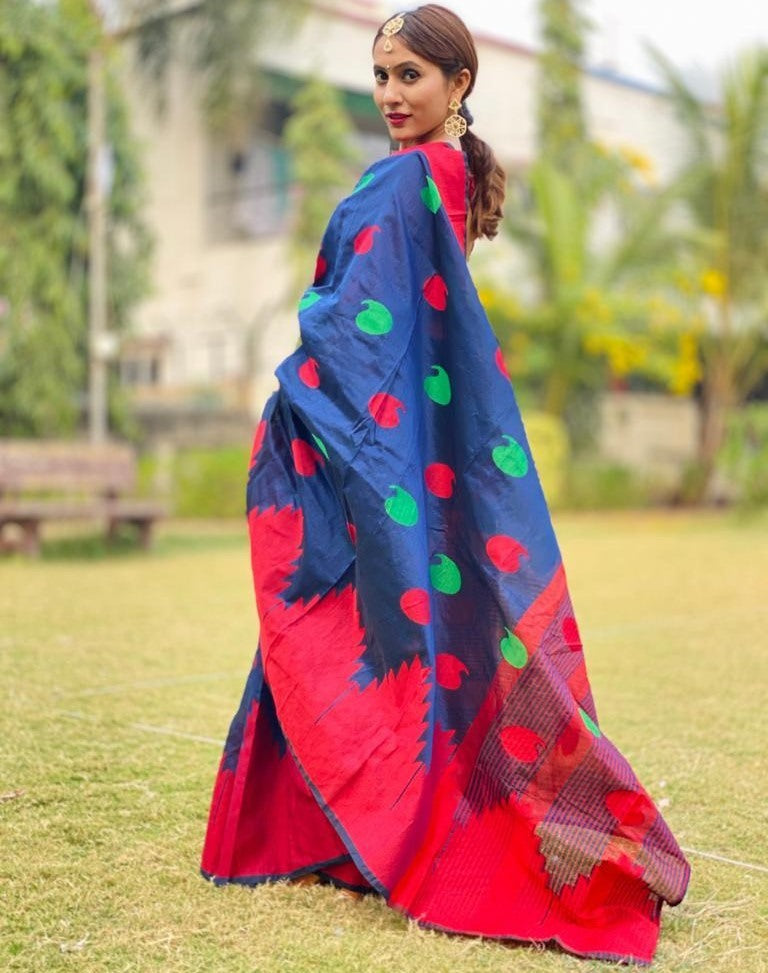 Blue soft silk digital printed saree