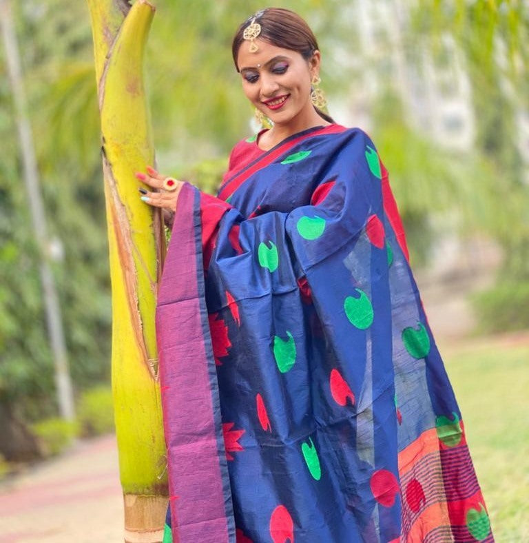 Blue soft silk digital printed saree