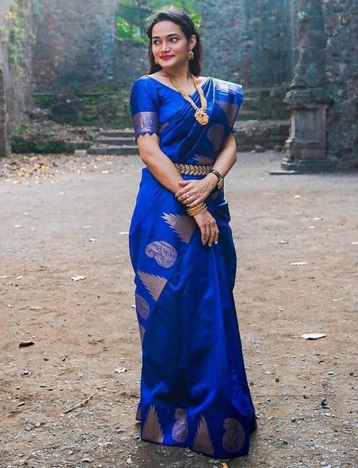 Blue soft silk jacquard work ready to wear saree