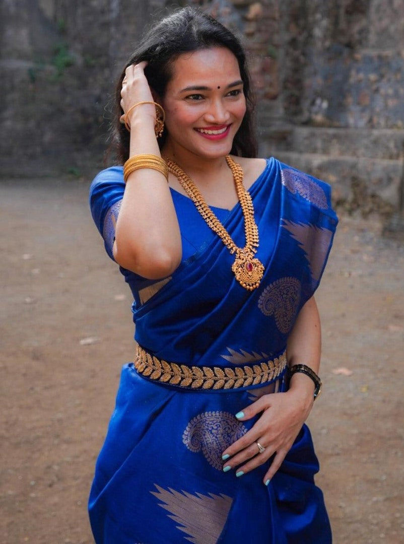 Blue soft silk jacquard work ready to wear saree