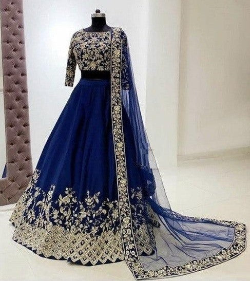 Blue tafeta silk heavy embroidered wedding lehenga choli