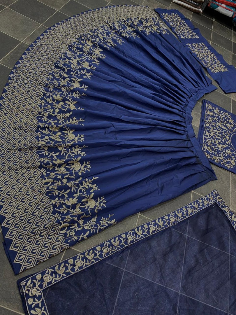 Blue tafeta silk heavy embroidered wedding lehenga choli