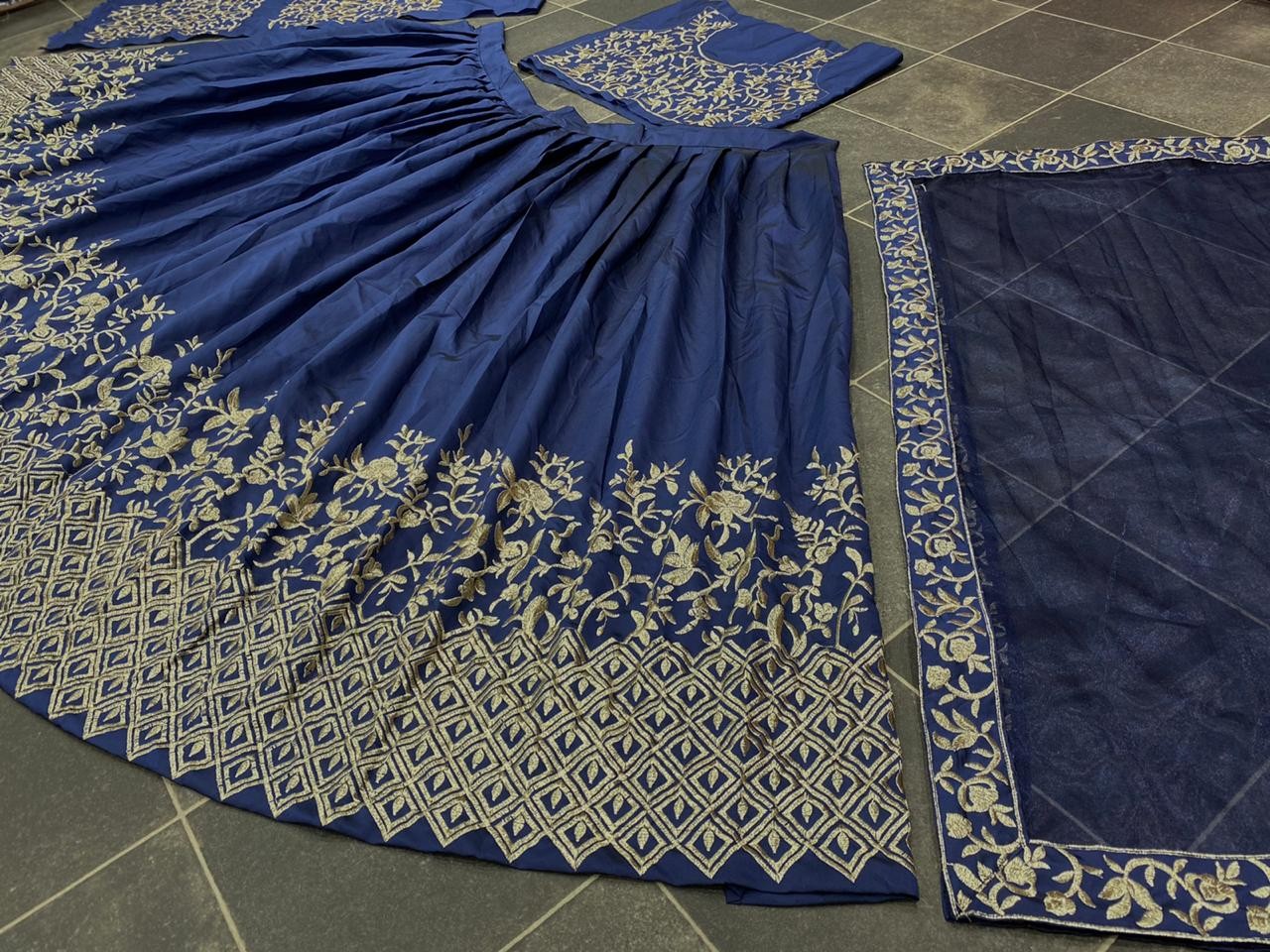 Blue tafeta silk heavy embroidered wedding lehenga choli