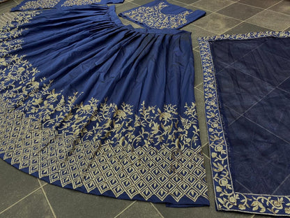 Blue tafeta silk heavy embroidered wedding lehenga choli