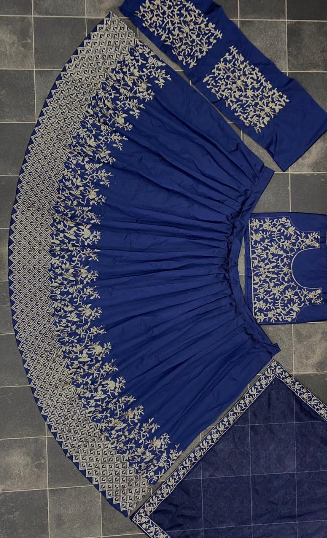 Blue tafeta silk heavy embroidered wedding lehenga choli