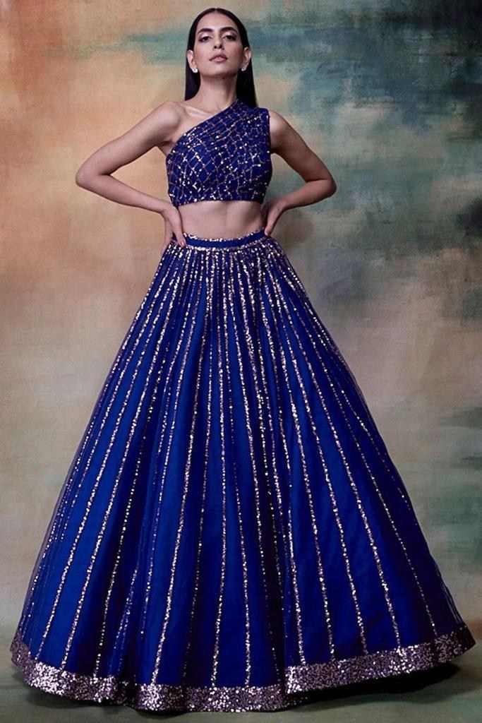 Blue tafeta silk sequence work partywear crop top lehenga