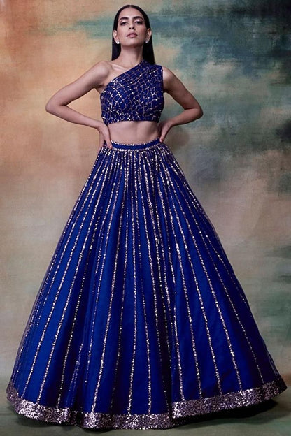Blue tafeta silk sequence work partywear crop top lehenga