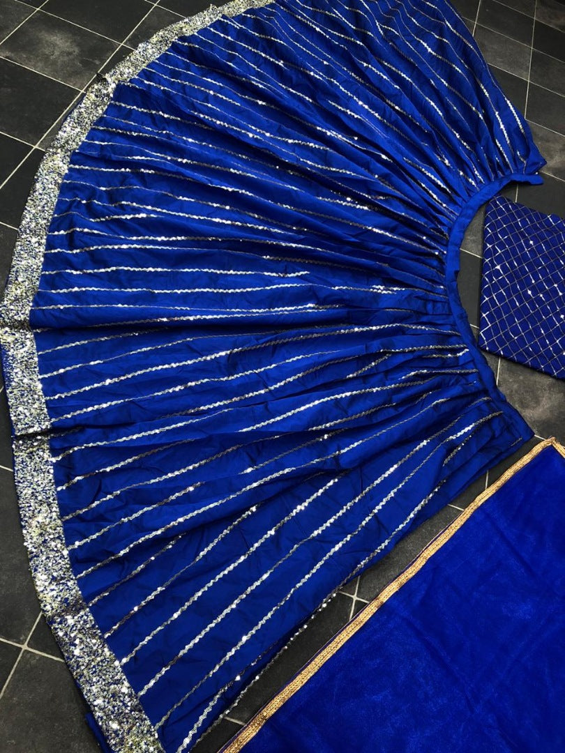 Blue tafeta silk sequence work partywear crop top lehenga