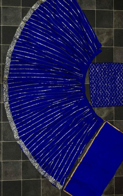 Blue tafeta silk sequence work partywear crop top lehenga