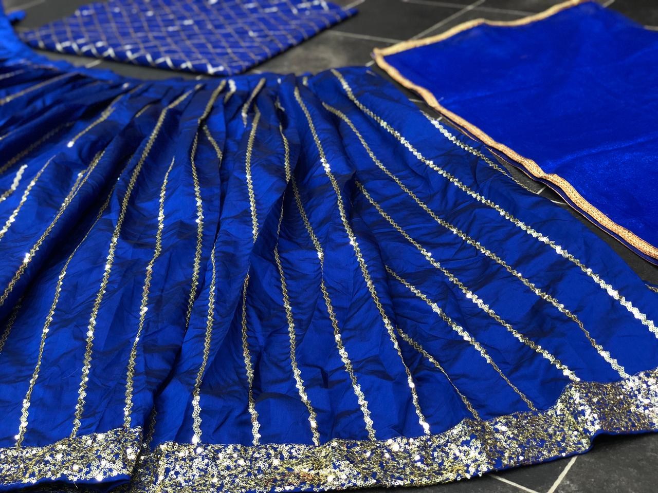 Blue tafeta silk sequence work partywear crop top lehenga