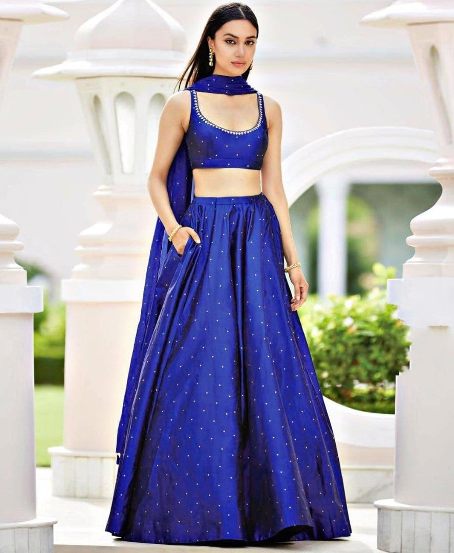 Blue tafetta silk zari work butti partywear lehenga choli