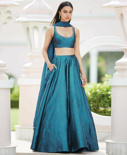 Blue tafetta silk zari work butti partywear lehenga choli