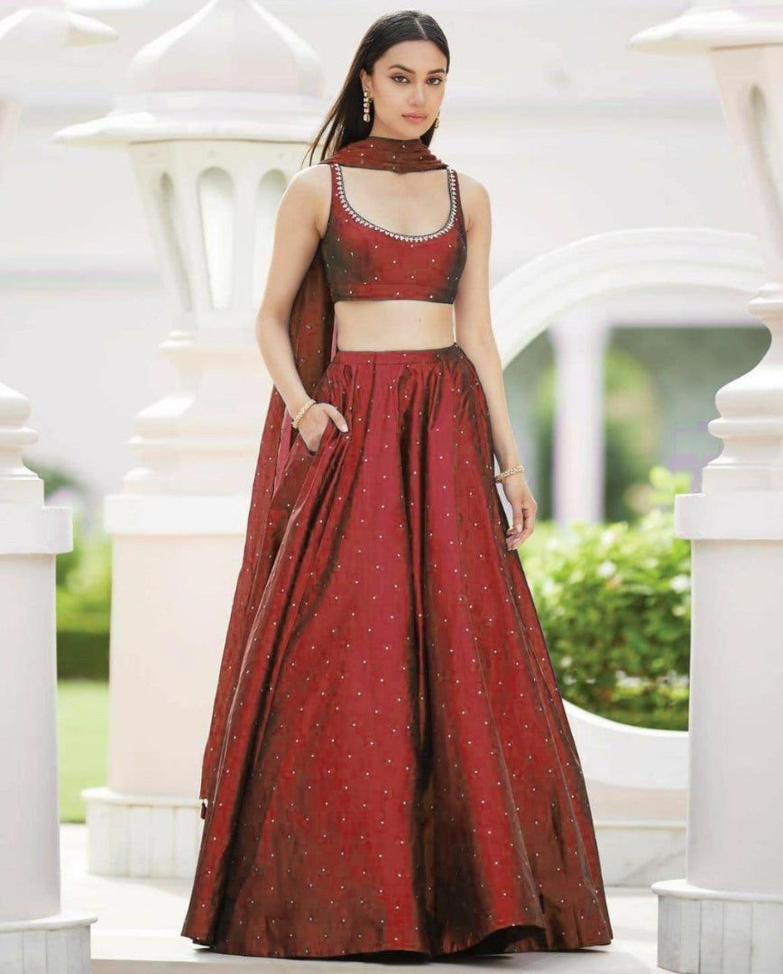 Blue tafetta silk zari work butti partywear lehenga choli