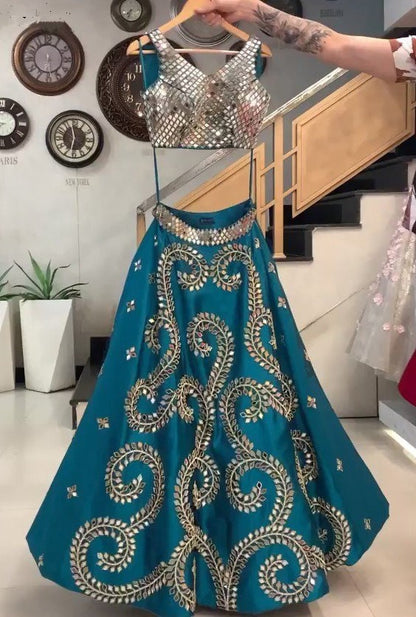 Blue taffeta silk cording embroidered work ceremonial lehenga choli