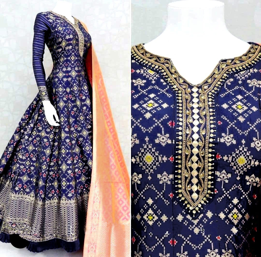 Blue taffeta silk digital printed gown