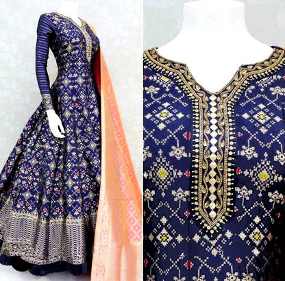 Blue taffeta silk digital printed gown