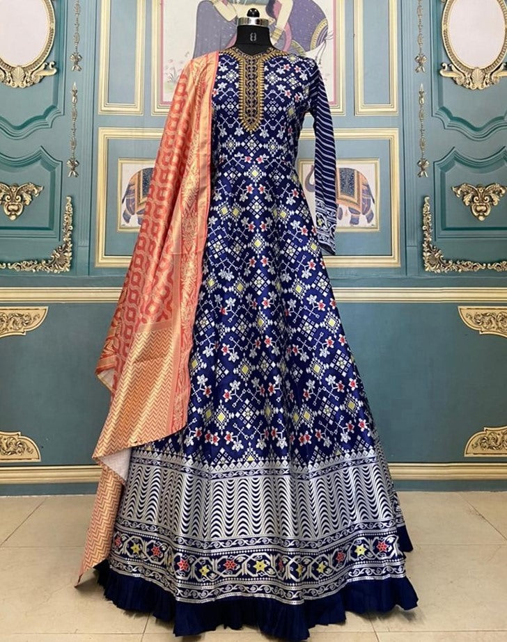Blue taffeta silk digital printed gown