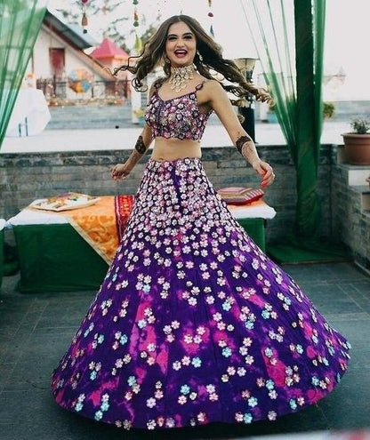 Blue taffeta silk digital printed lehenga choli