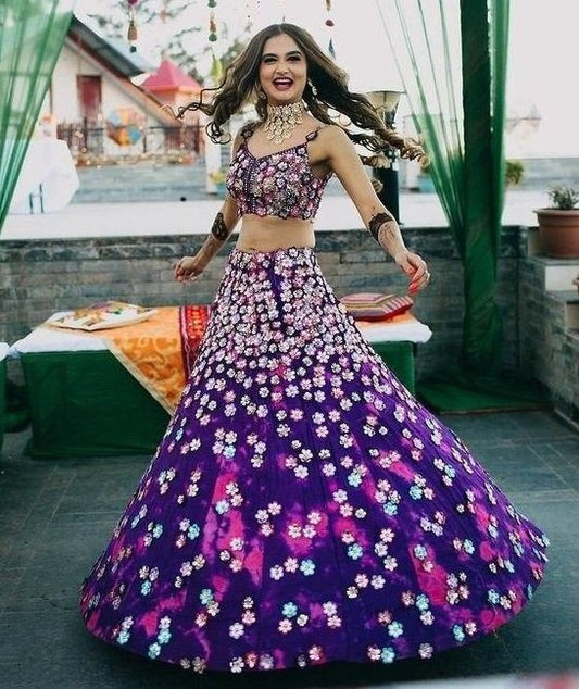 Blue taffeta silk digital printed lehenga choli