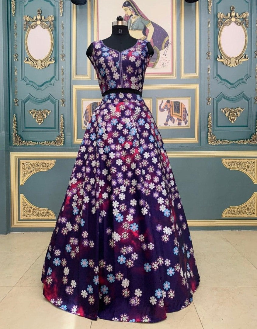 Blue taffeta silk digital printed lehenga choli