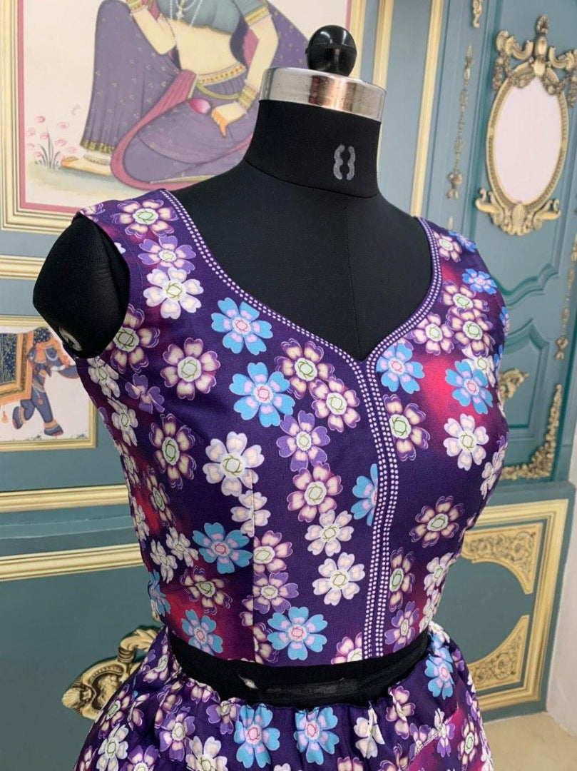 Blue taffeta silk digital printed lehenga choli