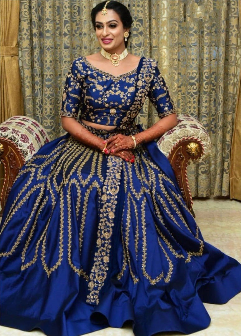 Blue taffeta silk heavy embroidered work lehenga choli