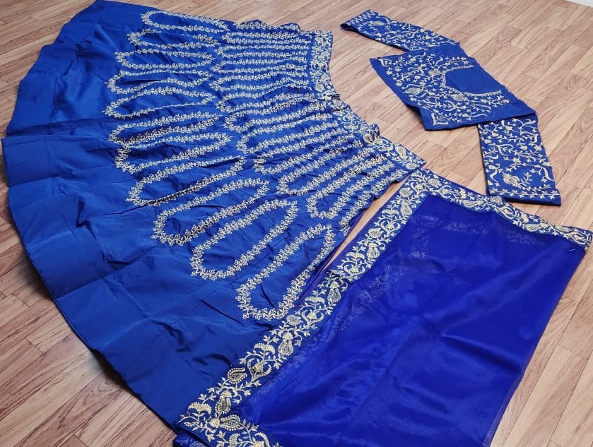 Blue taffeta silk heavy embroidered work lehenga choli