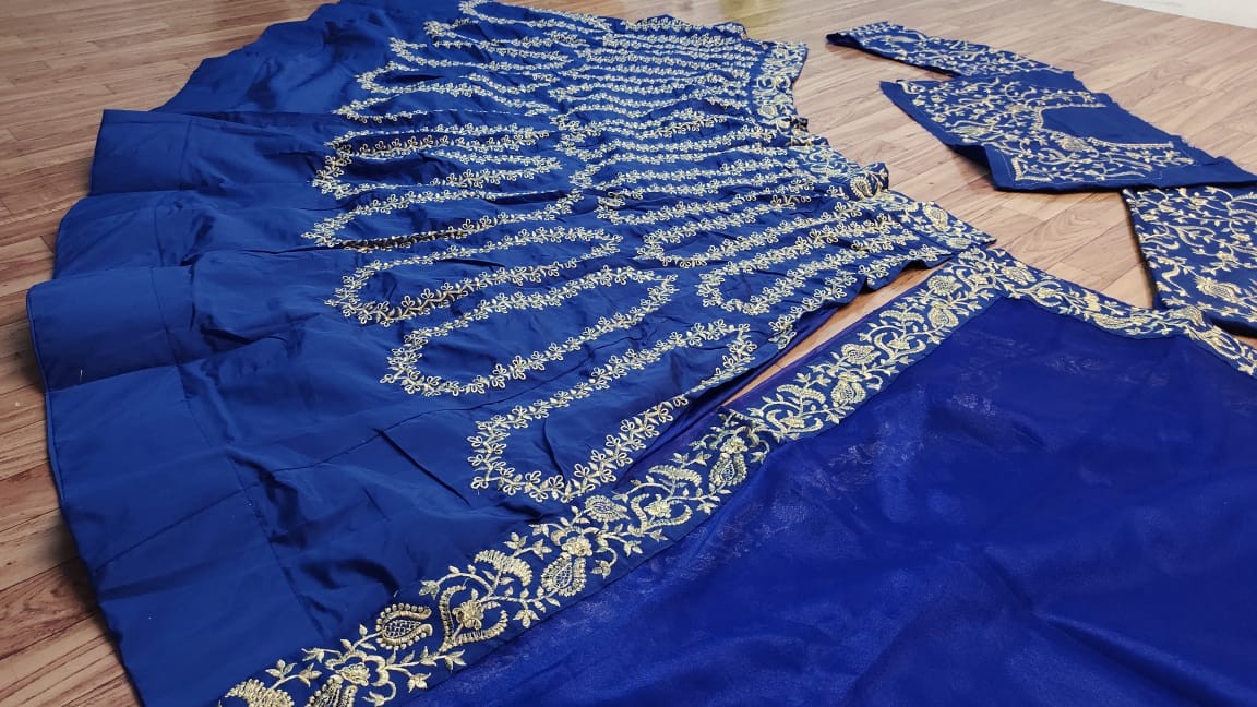 Blue taffeta silk heavy embroidered work lehenga choli