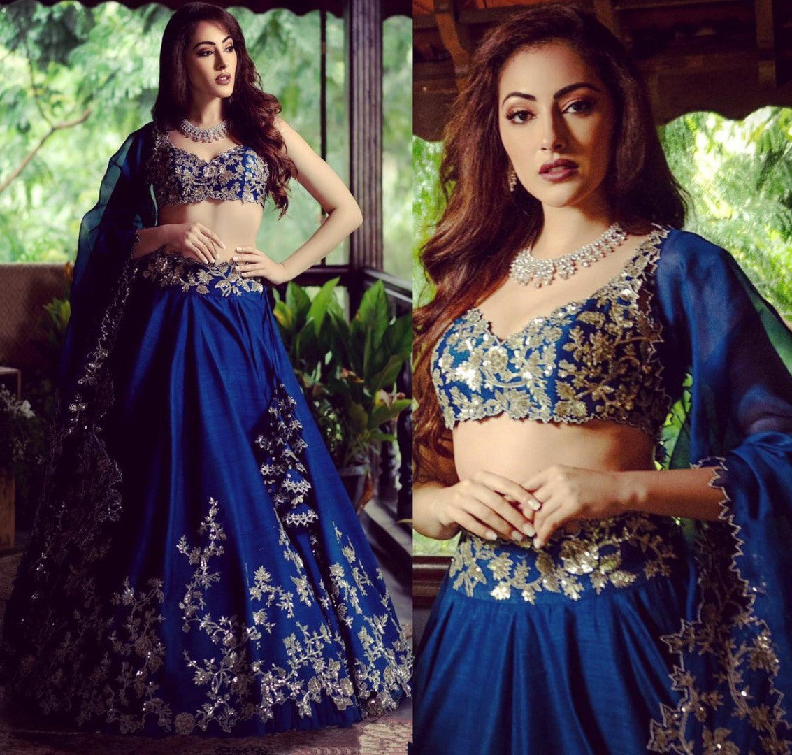 Blue taffeta silk zari and sequence work lehenga choli