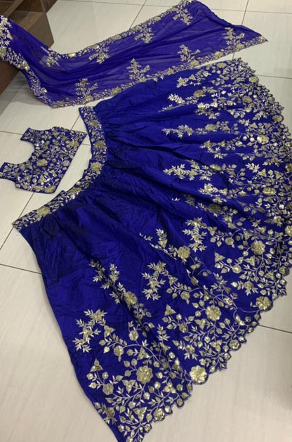 Blue taffeta silk zari and sequence work lehenga choli