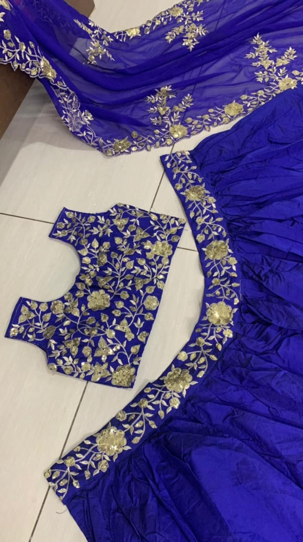 Blue taffeta silk zari and sequence work lehenga choli