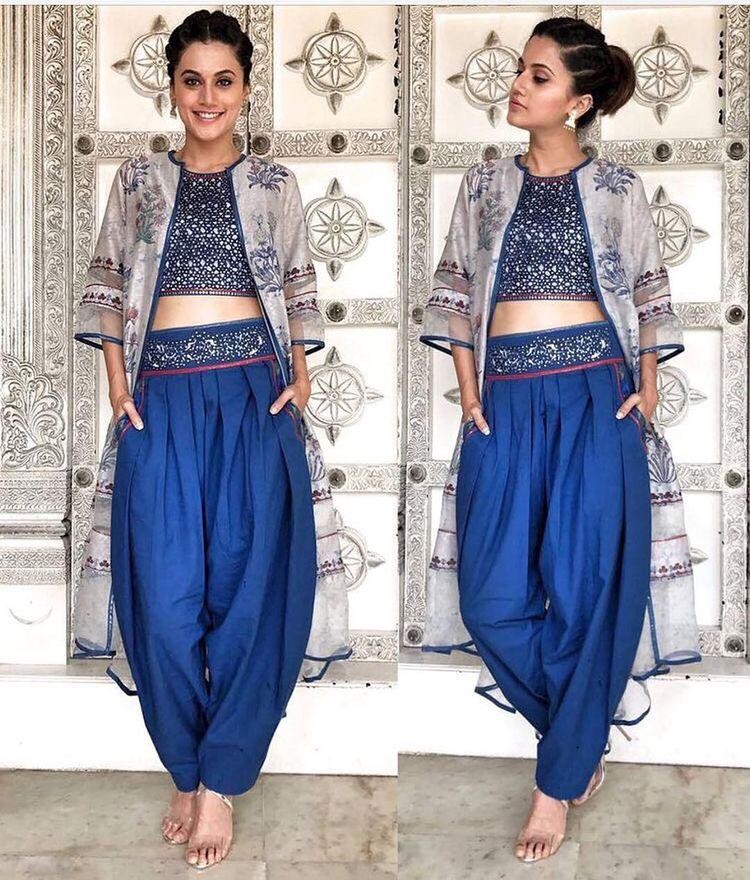 blue tapeta silk dhoti suit with printed shrug