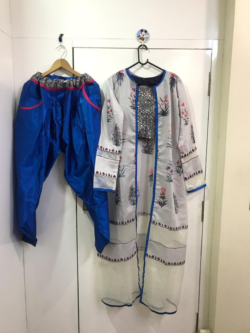 blue tapeta silk dhoti suit with printed shrug