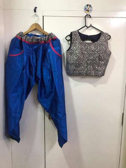 blue tapeta silk dhoti suit with printed shrug