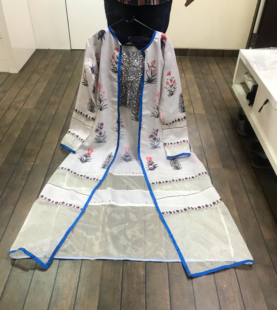 blue tapeta silk dhoti suit with printed shrug