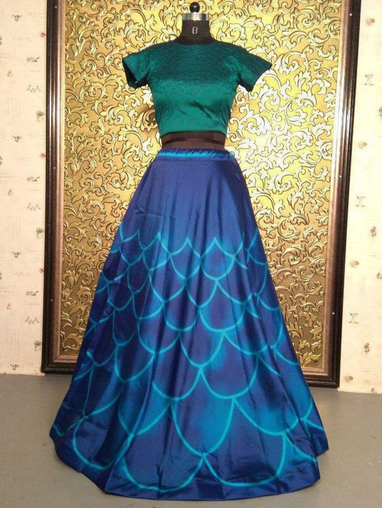 blue tapeta silk digital printed crop top lehenga