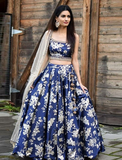 Blue tapeta silk digital printed partywear lehenga choli