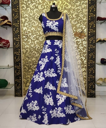 Blue tapeta silk digital printed partywear lehenga choli