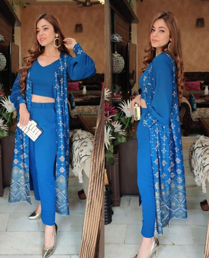 Blue tapeta silk digital printed salwar suit with shrug