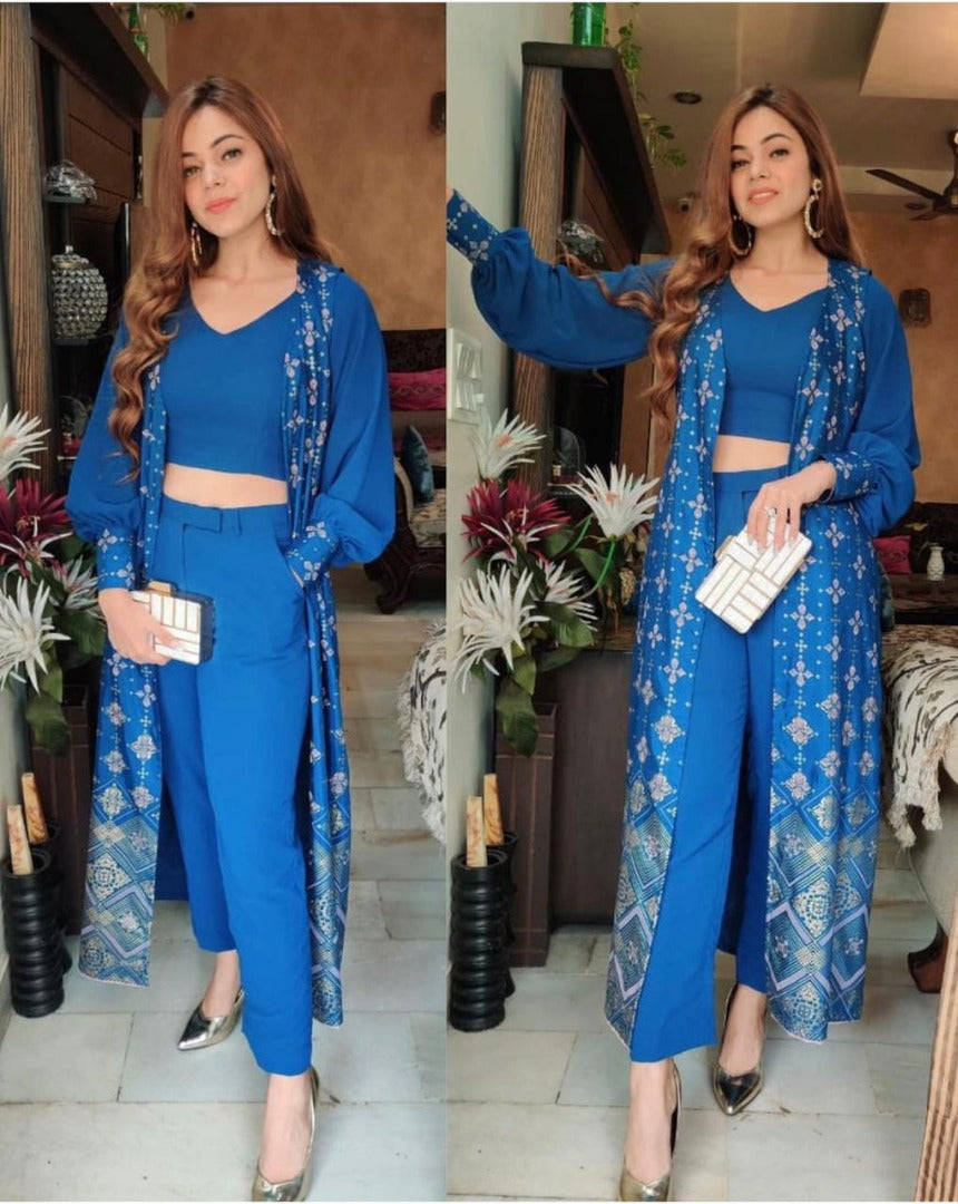 Blue tapeta silk digital printed salwar suit with shrug