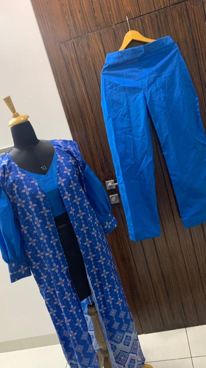 Blue tapeta silk digital printed salwar suit with shrug