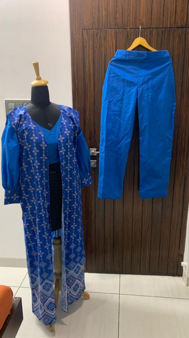 Blue tapeta silk digital printed salwar suit with shrug