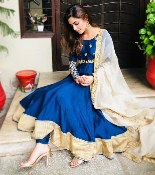 Blue tapeta silk embroidered partywear anarkali suit