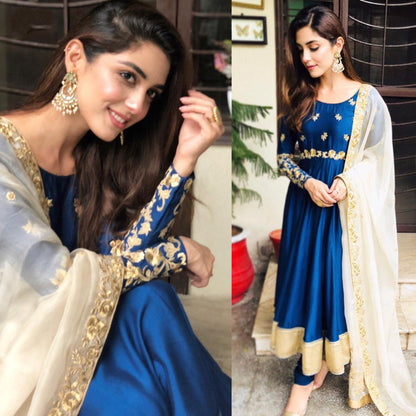 Blue tapeta silk embroidered partywear anarkali suit