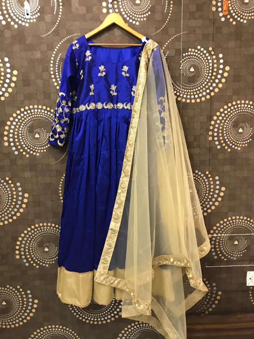 Blue tapeta silk embroidered partywear anarkali suit